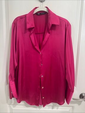 Zara Hot Pink Satin Button-Up Blouse - Size Small, Like New